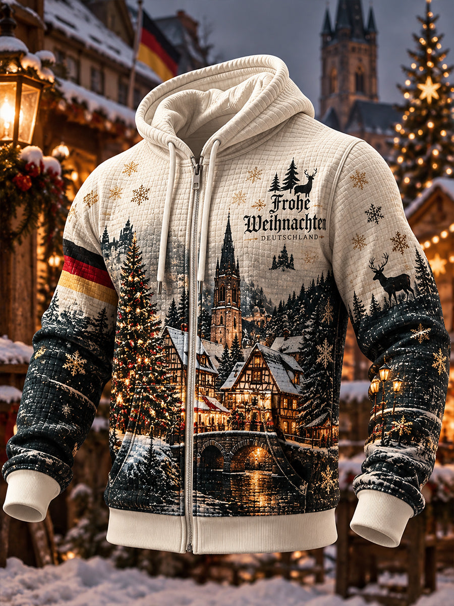 Men’s Christmas-Themed Print Waffle-Knit Hooded Sweatshirt Jacket