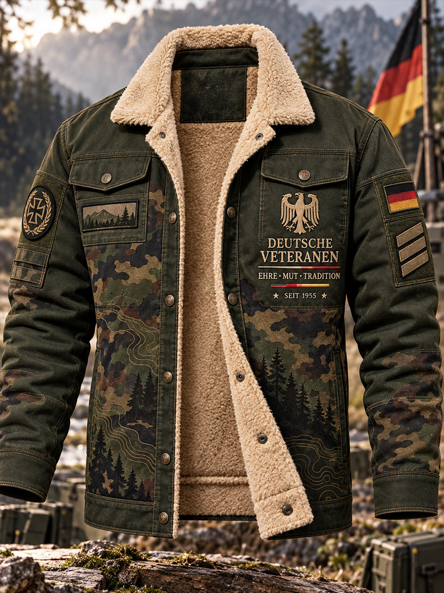 Men’s Fleece-Lined Camouflage-Print Jacket With Military-Inspired Commemorative Elements