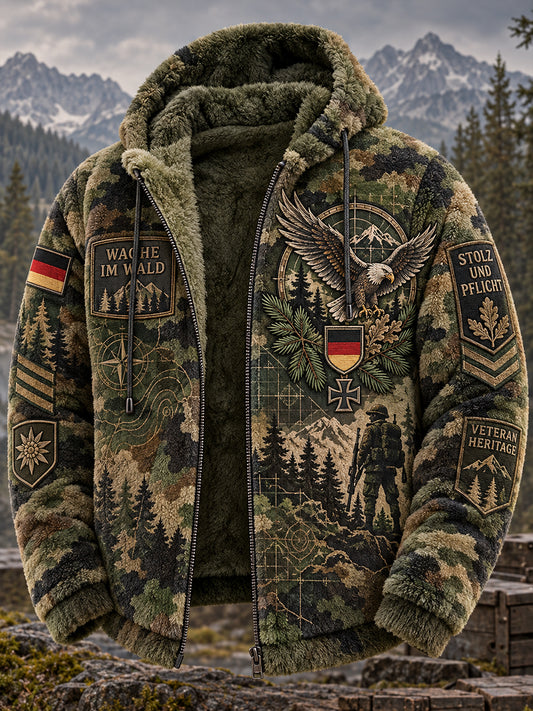 Men’s Veteran-Themed Camouflage-Print Flannel Hooded Jacket
