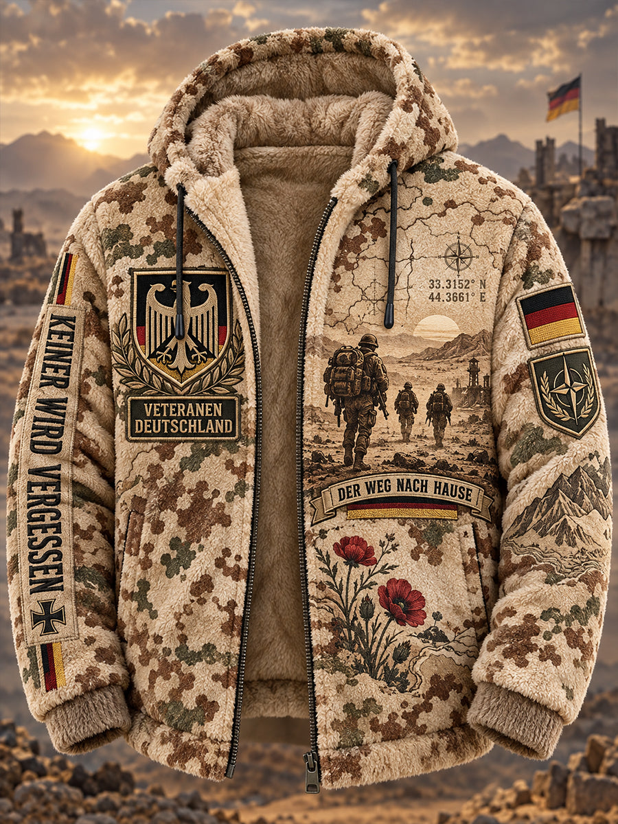 Men’s Veteran-Themed Camouflage-Print Flannel Hooded Jacket