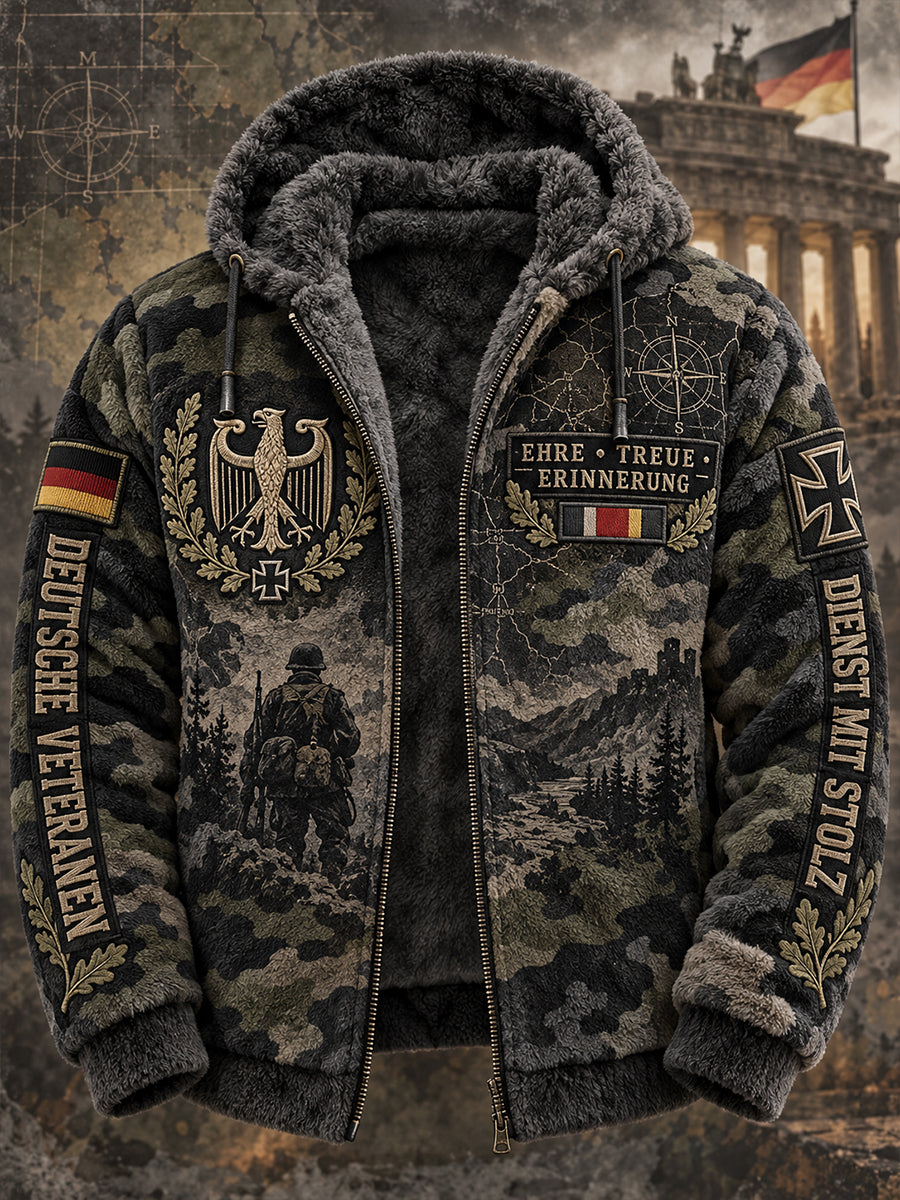 Men’s Veteran-Themed Camouflage-Print Flannel Hooded Jacket