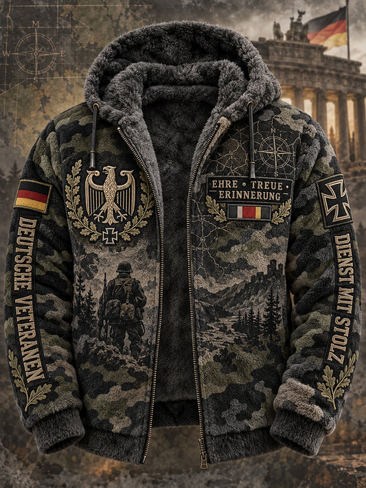 Men’s Veteran-Themed Camouflage-Print Flannel Hooded Jacket