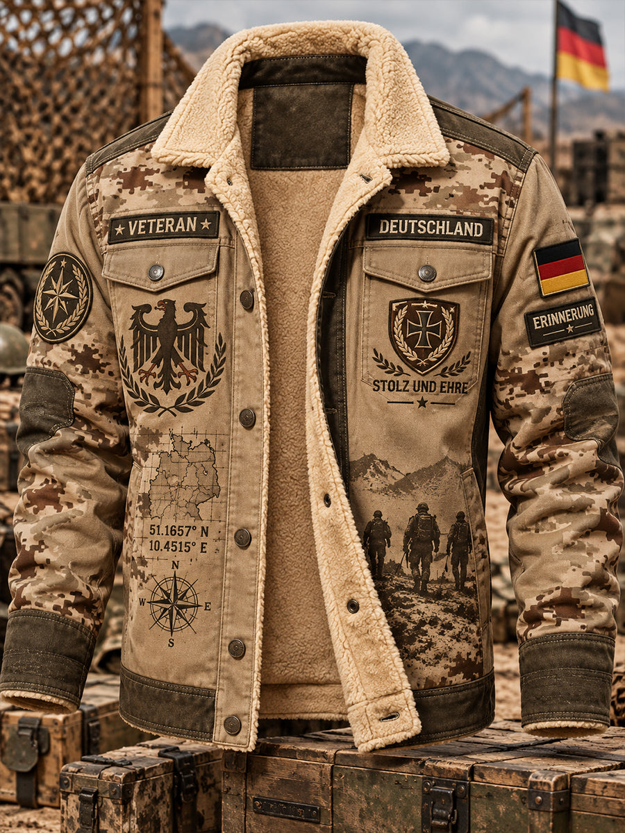 Men’s Fleece-Lined Camouflage-Print Jacket With Military-Inspired Commemorative Elements