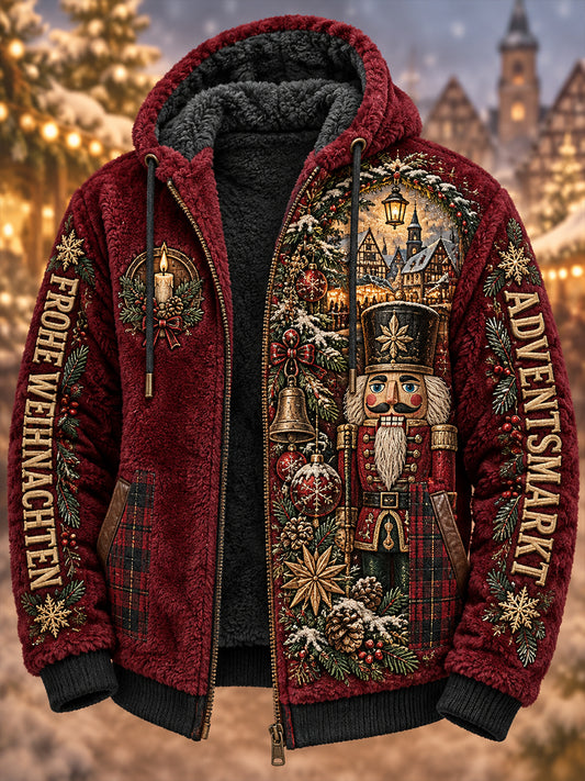 Men’s Christmas-Themed Print Flannel Hooded Jacket
