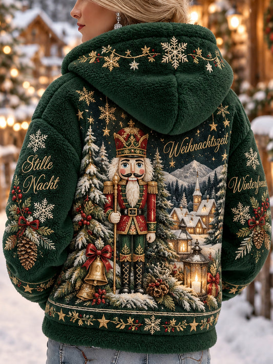 Women’s Christmas-Themed Print Flannel Hooded Jacket