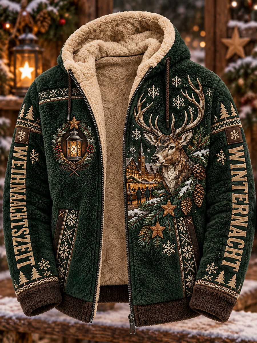 Men’s Christmas-Themed Print Flannel Hooded Jacket
