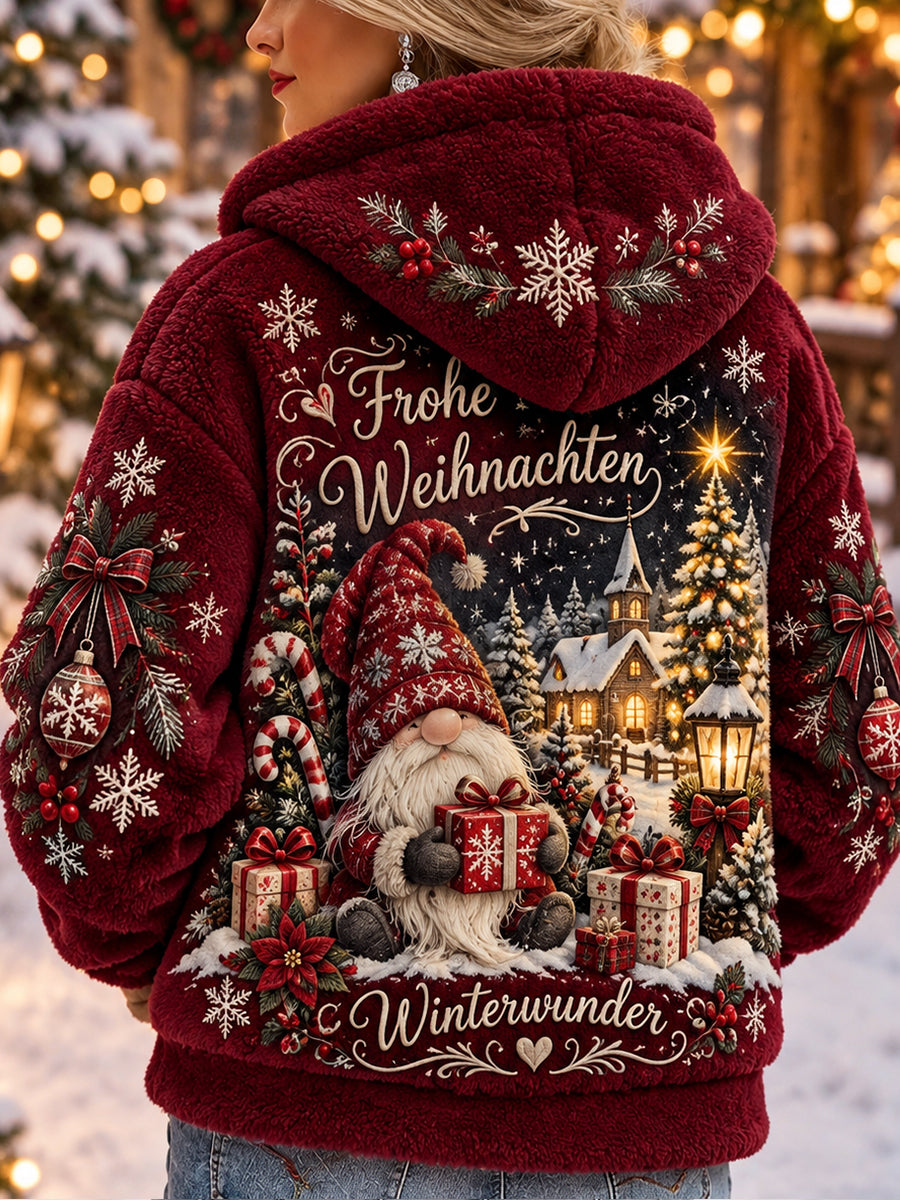 Women’s Christmas-Themed Print Flannel Hooded Jacket
