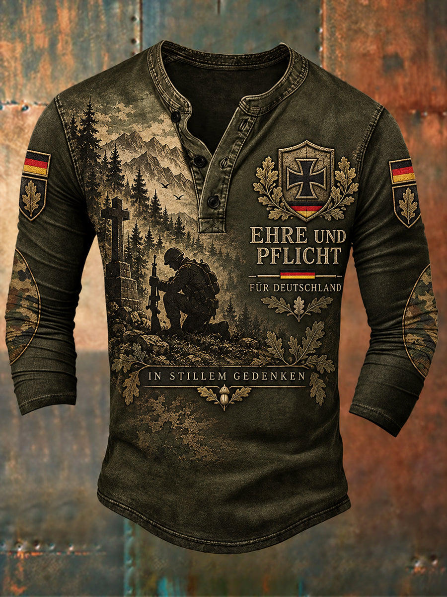 Men’s Long-Sleeve Top With Military Veteran-Themed Graphic Print