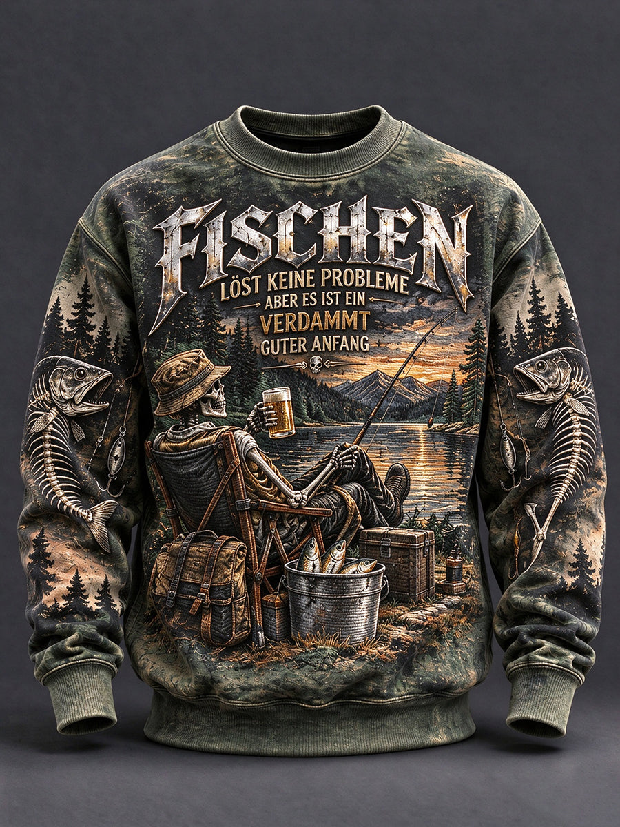 Men's Fun Fishing Slogan Print CrewNeck Sweatshirt