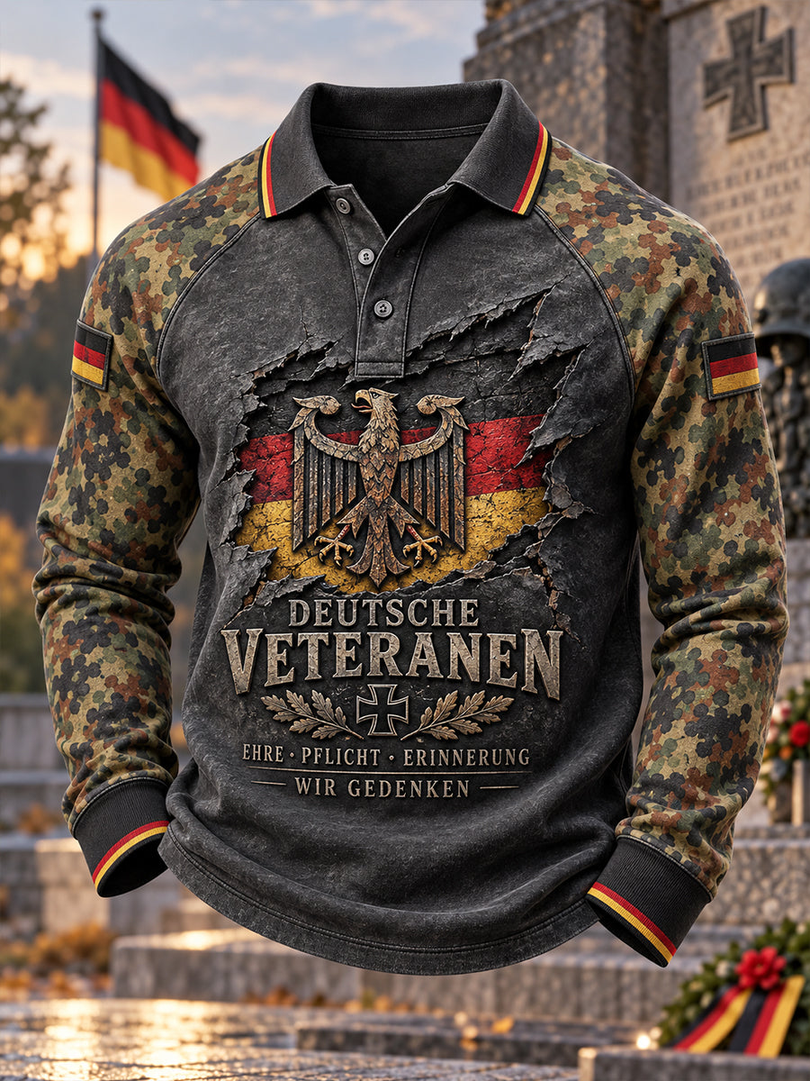 Men’s Veteran Memorial-Themed Long-Sleeve Raglan-Sleeve Polo Shirt