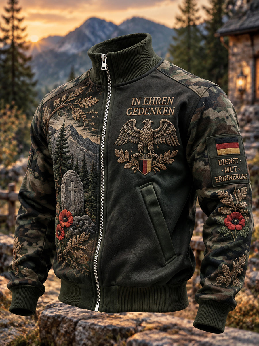 Men’S Veteran Memorial-Themed Print High-Neck Jacket