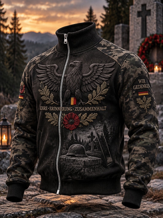 Men’S Veteran Memorial-Themed Print High-Neck Jacket