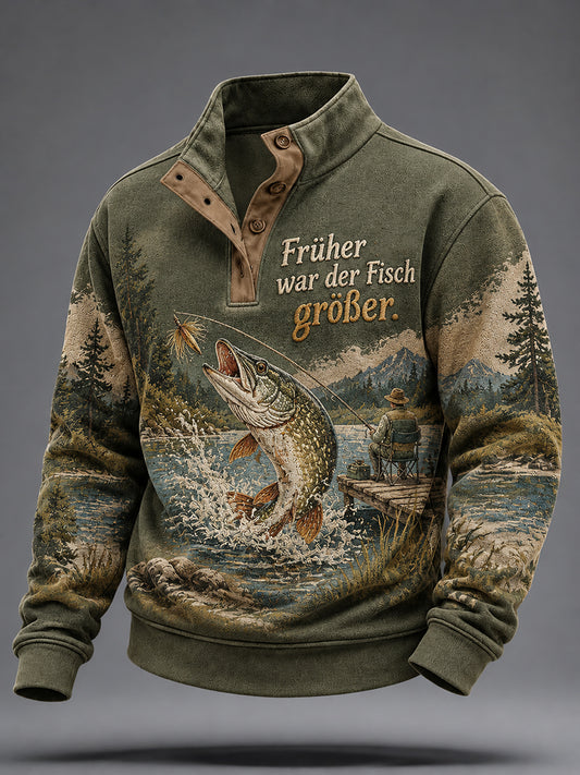 Men's Funny Fishing Slogan Print four-button Sweatshirt