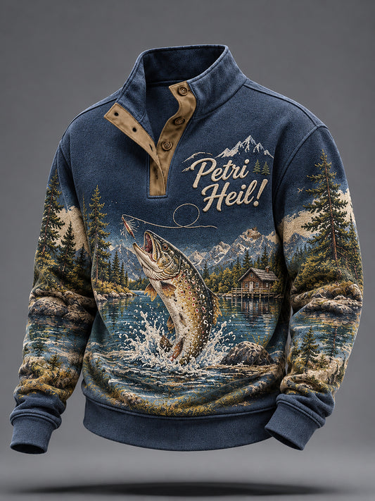 Men's Funny Fishing Slogan Print four-button Sweatshirt