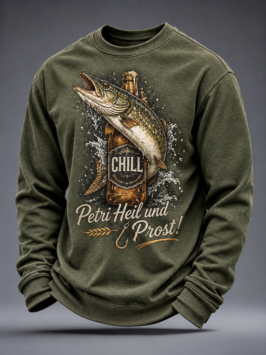 Men's Funny Fishing Print CrewNeck Sweatshirt