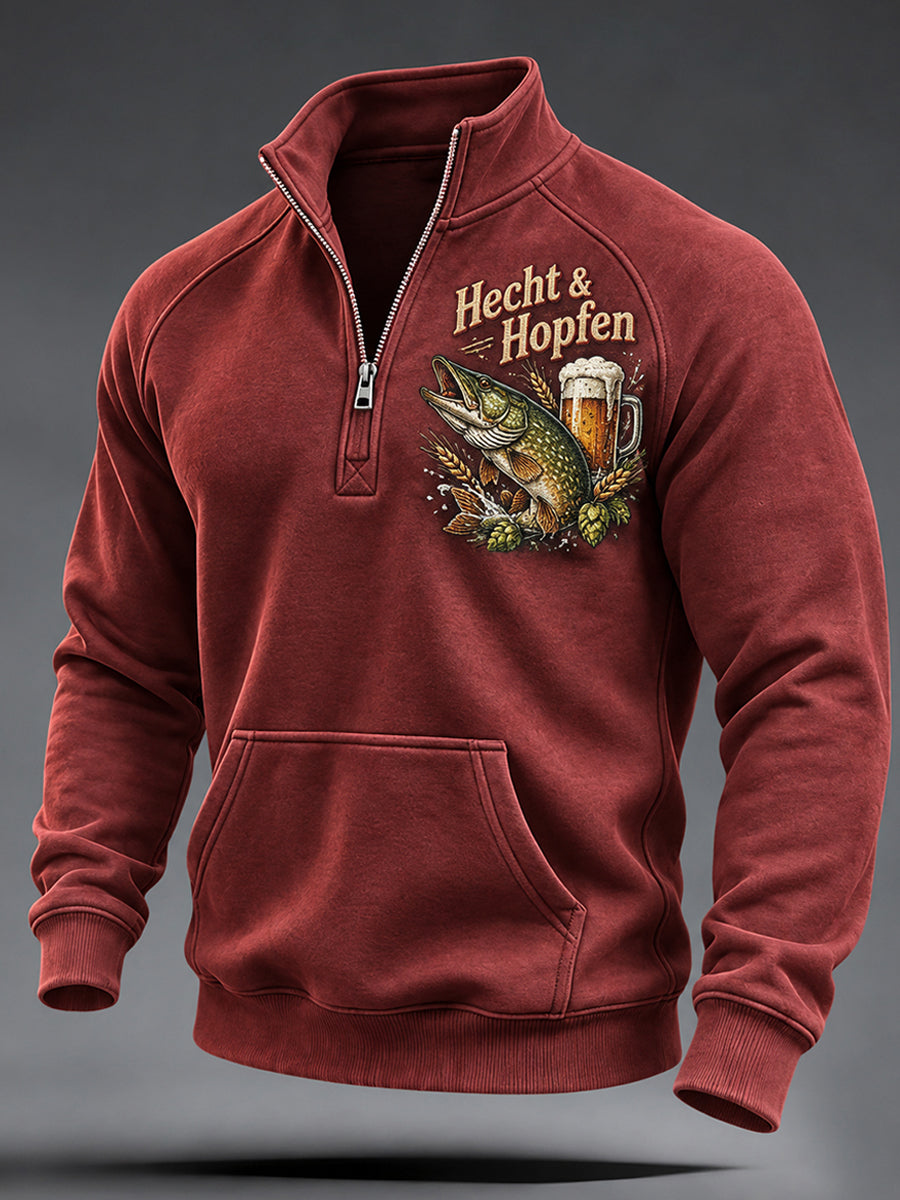 Men's Funny Fishing Print Zip-Up Sweatshirt