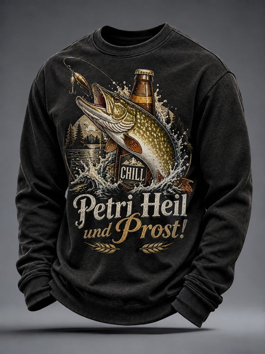 Men's Funny Fishing Print CrewNeck Sweatshirt