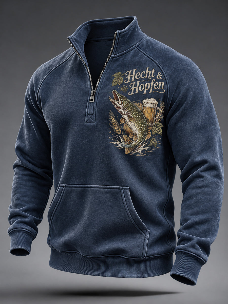 Men's Funny Fishing Print Zip-Up Sweatshirt