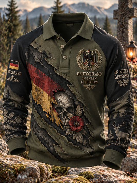 Men’S Veteran Memorial-Themed Long-Sleeve Raglan-Sleeve Polo Shirt